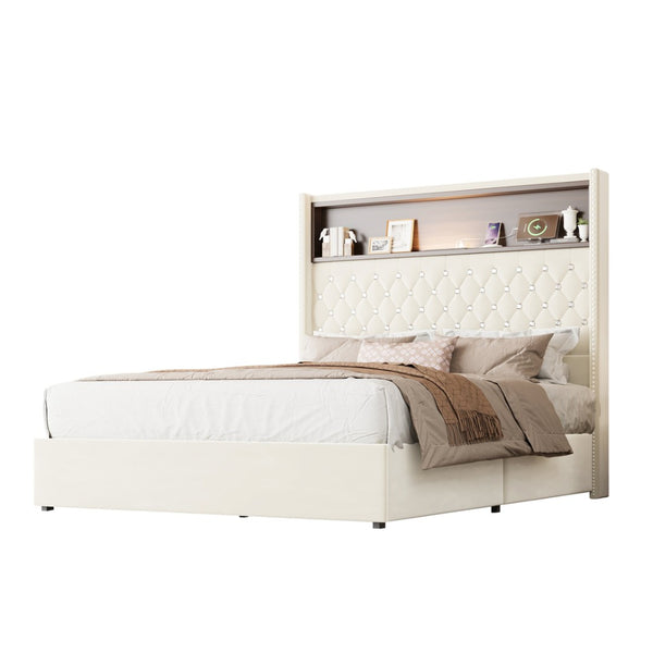 English Elm Full Velvet Wingback Platform Bed Tufted Headboard Shelf Usb Port Rivet Trim N733P368653A