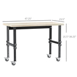 English Elm Homcom 47.25" Work Bench With Height Adjustable Legs, Bamboo Tabletop Workstation Tool Table On Wheels For Garage, Weight Capacity 1320 Lbs, Black/Natural