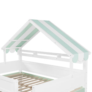 English Elm Full Size Pine Loft Bed with House Canopy Roof Built-in Shelves Kids Bedroom N7090005012F