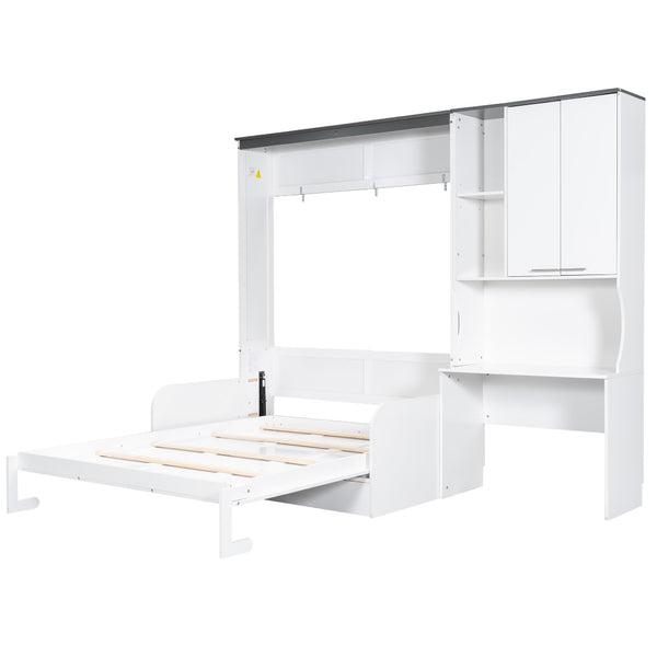 English Elm Multi-functional Queen Murphy Bed with Sofa Desk and Cabinet White Wood Frame N7090000606K-1