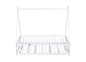 English Elm Full Size Tent-Shaped Floor Bed In White - Rubberwood Frame With Guardrails, Slats & Cozy Door W504P345787