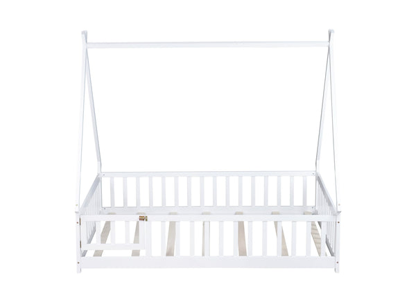 English Elm Full Size Tent-Shaped Floor Bed In White - Rubberwood Frame With Guardrails, Slats & Cozy Door W504P345787