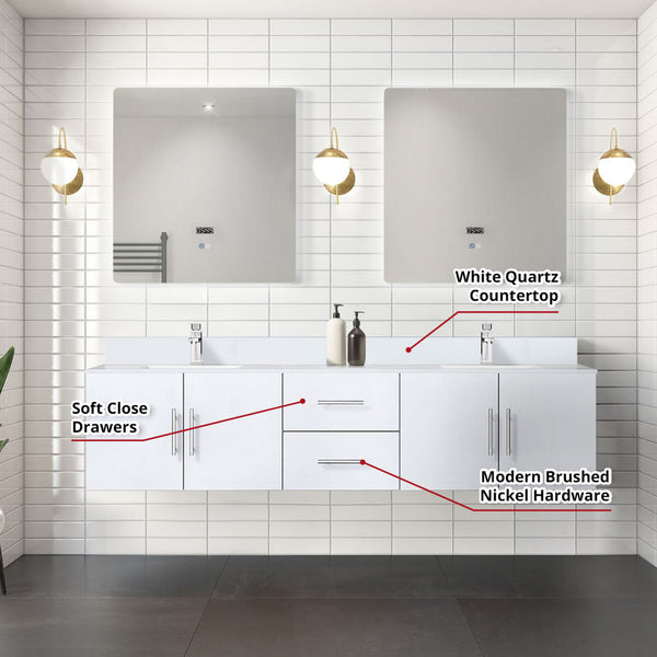 English Elm Glossy White 80" Double Bath Vanity with White Quartz Top, Chrome Faucet, 30" LED Mirrors, Durable Finish B2731S01102