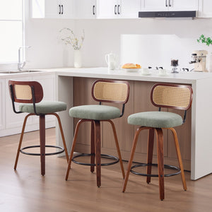 English Elm Set of 2 Swivel Counter Stools Walnut Frame Rattan Back Linen Seat Kitchen Island Light Green W1143P392164
