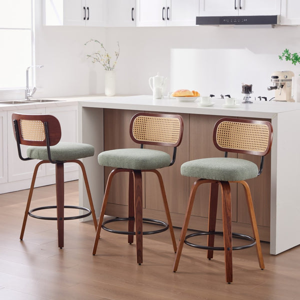 English Elm Set of 2 Swivel Counter Stools Walnut Frame Rattan Back Linen Seat Kitchen Island Light Green W1143P392164
