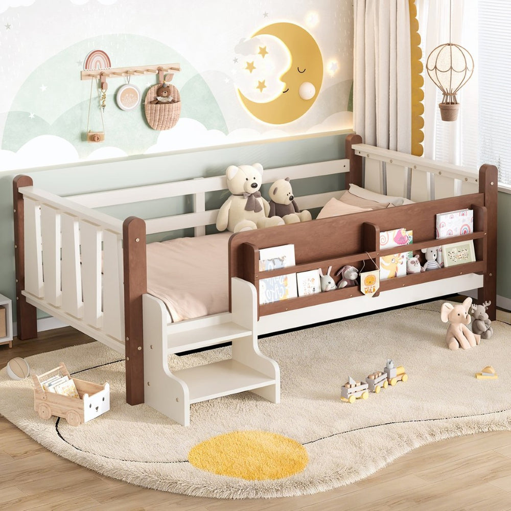 English Elm Twin Pine Floor Bed for Kids with Side Bookcases Built-in Stairs and Safety Guardrails Beige W1580P390214
