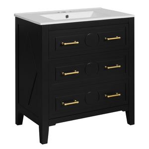 English Elm 60'' Elegant Black Bathroom Vanity Set With Ceramic Sink, 6 Drawers, Solid Wood Frame & Storage N710SS00003B