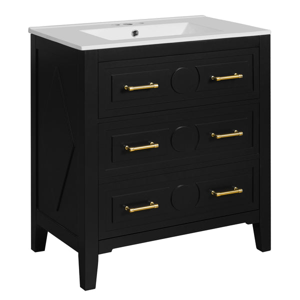 English Elm 60'' Elegant Black Bathroom Vanity Set With Ceramic Sink, 6 Drawers, Solid Wood Frame & Storage N710SS00003B