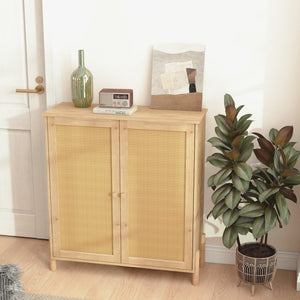 English Elm Mid-Century Woven Rattan Door Storage Cabinet with Adjustable Shelves and Solid Wood Legs, Stylish and Functional Natural 35.4 L x 18.5 W x 6.3 H W3151P288911