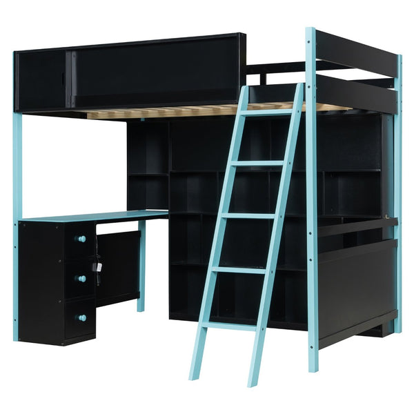English Elm Full Size Gaming Loft Bed with Led Lighting Desk Drawers and Display Shelving Blue LT000263AAC