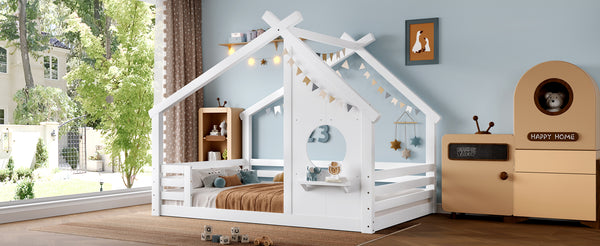 English Elm Full House Floor Bed with Roof Window and Shelf – Solid Pine Kids Loft-Style Low Bed, Durable Design White W1580P362693