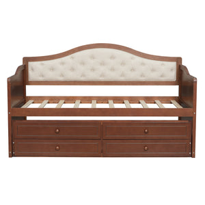English Elm Twin Daybed with Trundle and 2 Storage Drawers, Upholstered Button-Tufted Sofa Bed for Guest Room Comfort and Organization Walnut 45.25 L x 19 W x 8 H N733S346767D