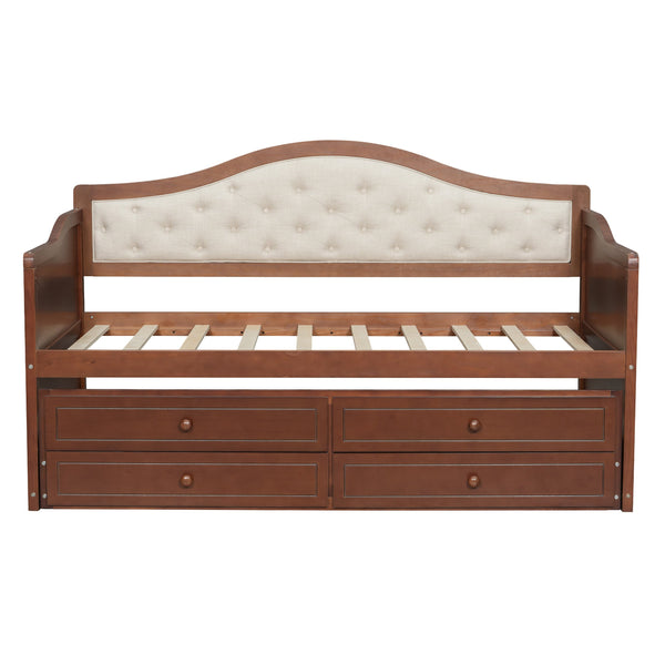 English Elm Twin Daybed with Trundle and 2 Storage Drawers, Upholstered Button-Tufted Sofa Bed for Guest Room Comfort and Organization Walnut 45.25 L x 19 W x 8 H N733S346767D