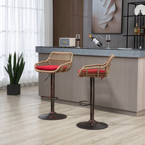 English Elm Modern Swivel Bar Stools Set of 2 Adjustable Counter Height Chairs with Linen Seat, Retro Rattan Back, 360° Rotation and Footrest, Vintage Gold Base, Durable Indoor/Outdoor Seating (Seat Height 25.6–33.9") Red W39594820