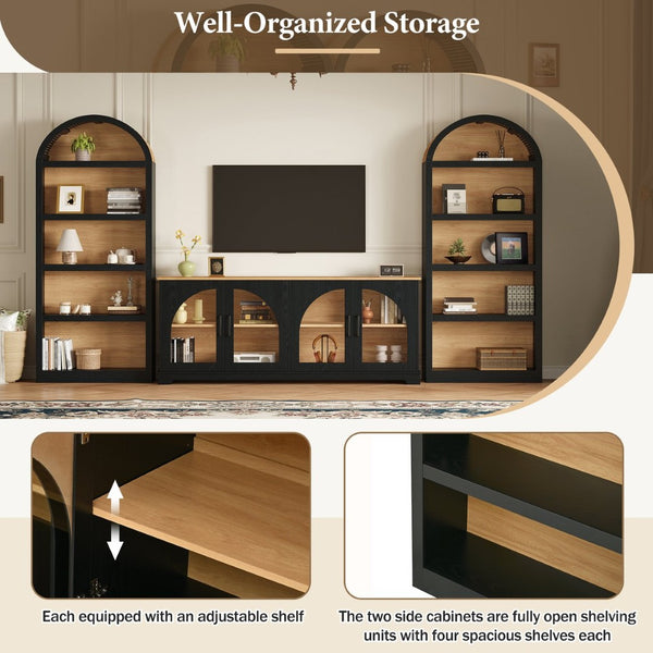 English Elm 3-piece Farmhouse Entertainment Center with Arched Glass Doors and Open Tower Shelving Black N721S000070B