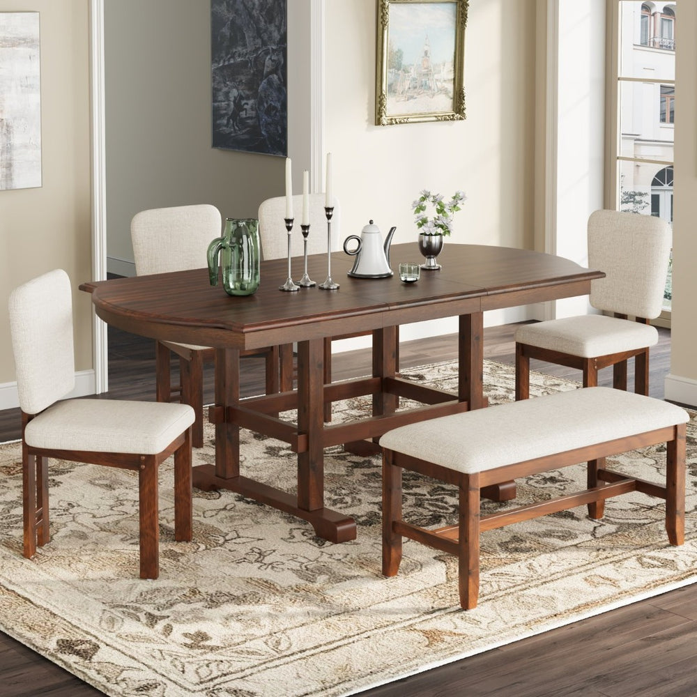 English Elm Topmax Extendable Rubberwood Dining Set Trestle Table Bench Four Upholstered Chairs N717S000090P