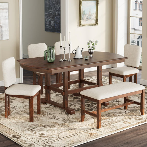English Elm Topmax Extendable Rubberwood Dining Set Trestle Table Bench Four Upholstered Chairs N717S000090P