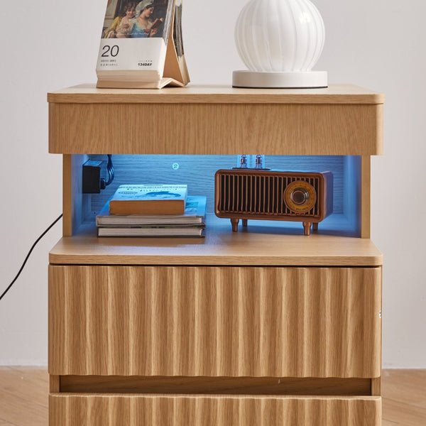 English Elm Modern Oak Nightstand with Charging Station Hidden Compartment and Open Storage Shelf W5368P460458