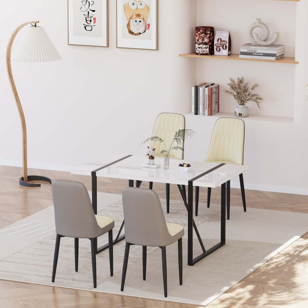 English Elm 55 Inch Industrial Dining Set White Mdf Table Matte Black Legs Four Padded Pu Chairs Beige+Grey,White W2189S00852