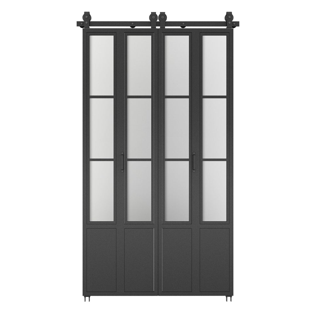 English Elm 30 in Matte Black Steel Sliding Barn Door Frosted Glass Privacy Panel with Hardware B2763P483213