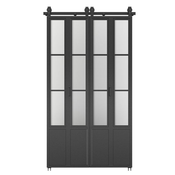 English Elm 30 in Matte Black Steel Sliding Barn Door Frosted Glass Privacy Panel with Hardware B2763P483213