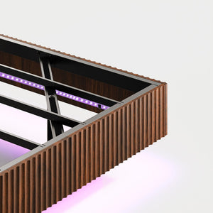 English Elm Oak Queen Floating Bed Walnut Finish Wavy Headboard Led Lighting Built in Charging W1820P408090