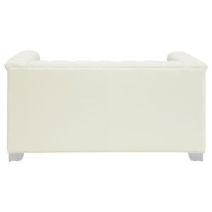 English Elm Hailey Pearl White 3-Piece Tuxedo Arms Living Room Set with Chrome Doorknocker Handles, Mid-Century Flair B062S01158