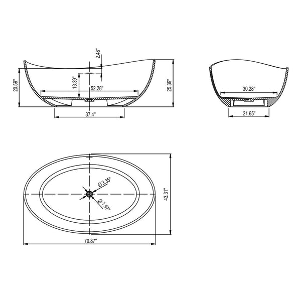 English Elm 71 Inch Stone Resin Freestanding Soaking Tub Matte Black Spa Bathtub W1613P501767