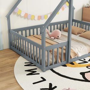 English Elm Full House-Shaped Floor Bed with Fence and Guardrails, Pine Wood Play Loft for Imaginative Kids Retreat Grey W504P143293