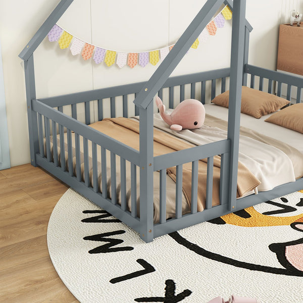 English Elm Full House-Shaped Floor Bed with Fence and Guardrails, Pine Wood Play Loft for Imaginative Kids Retreat Grey W504P143293
