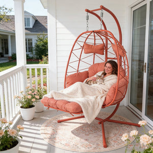 English Elm 2 Person Wicker Hanging Egg Chair with Stand Padded Swing for Patio Garden T5880P500222