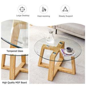 English Elm Modern wood-color MDF circular coffee table with tempered glass top, easy assembly, versatile style W1151P146796