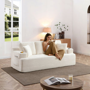English Elm 86.2''boneless Floor Sofa Ribbed Corduroy 3 Seater with Cup Holders and Side Pockets Beige W1117P421177