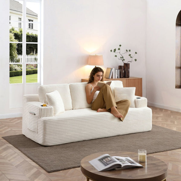 English Elm 86.2''boneless Floor Sofa Ribbed Corduroy 3 Seater with Cup Holders and Side Pockets Beige W1117P421177
