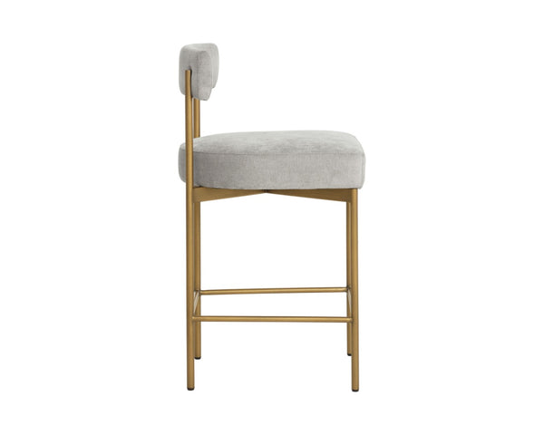 Sunpan SENECA Counter Stool - Elegant Open-Back Design in Antique Brass & Polo Club Stone Upholstery 112338