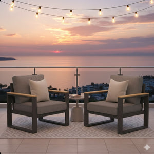English Elm Set of 2 Powder-coated Aluminum Outdoor Armchairs with Ergonomic Reclined Cushioned Seats Black+Grey B082P455131