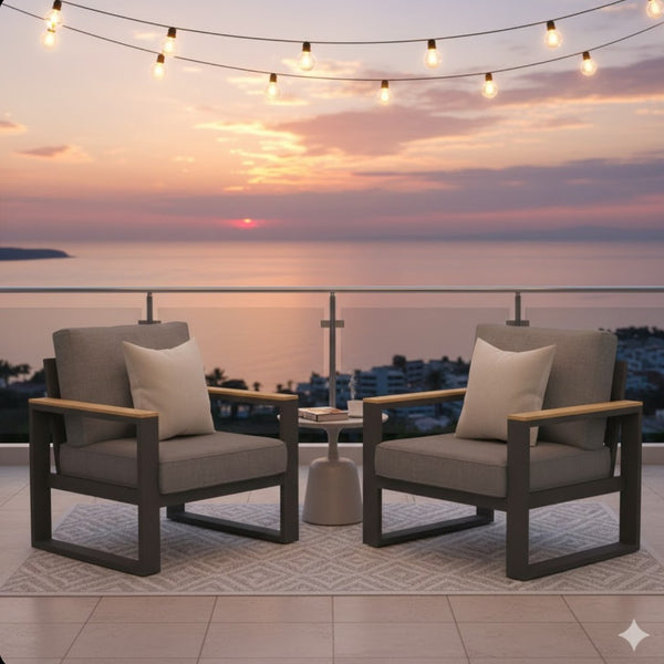 English Elm Set of 2 Powder-coated Aluminum Outdoor Armchairs with Ergonomic Reclined Cushioned Seats Black+Grey B082P455131