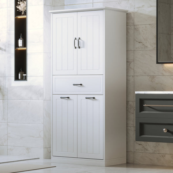 English Elm Christopher Knight Home® - Bathroom Storage Cabinet with Doors Drawer & Dual Laundry Baskets, MDF Build, Adjustable Shelf, Anti-Tip Device White N759P243350K