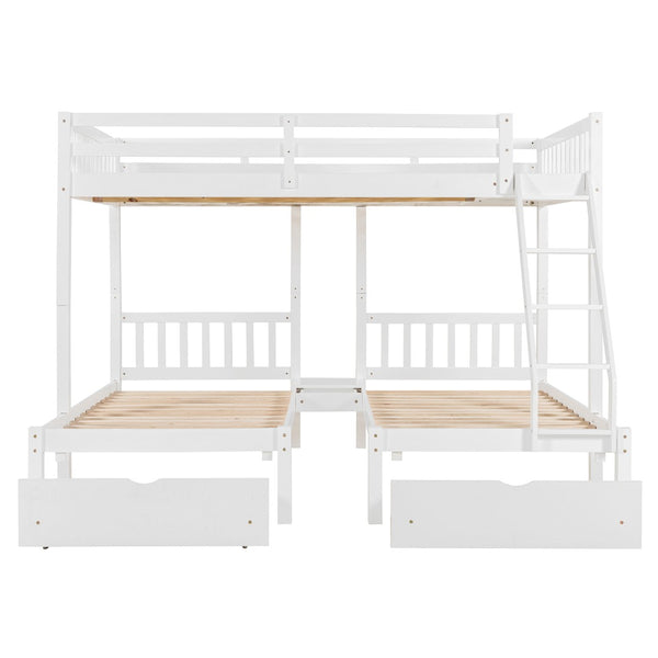 English Elm Full Over Twin Triple Bunk Bed Pine Wood Frame with Storage Drawers and Guardrails LT000343AAK-1