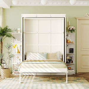 English Elm Rotating Murphy Wall Bed with Convertible Desk Dual Side Shelves Full Size Mdf Cabinet White LP000961AAK