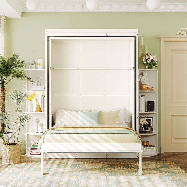English Elm Rotating Murphy Wall Bed with Convertible Desk Dual Side Shelves Full Size Mdf Cabinet White LP000961AAK