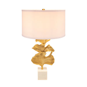 English Elm D17x30.2" Gold Ginkgo Leaf Table Lamp with Marble Cube Base, White Drum Shade, Modern Accent Light W2078P360486