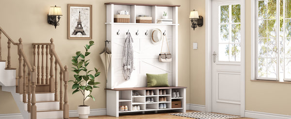 English Elm ON-TREND Farmhouse 4-in-1 Hall Tree with 6 Hooks, Walnut Bench, 16 Compartments, Rustic Entryway Organizer White N721P264915K