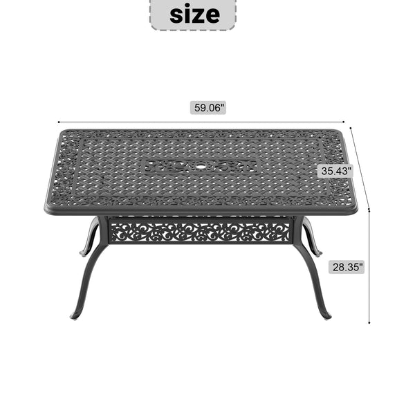 English Elm L59.05*W35.43-Inch Durable Cast Aluminum Patio Dining Table With Umbrella Hole For 6 People W1710P166013