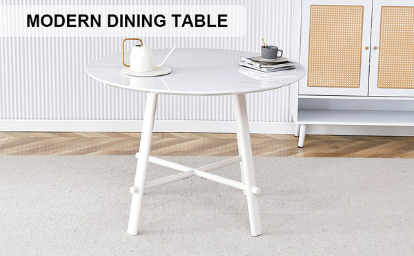 English Elm A modern minimalist circular dining table 42" white patterned MDF top, metal legs, seats 4-6, easy assemble W1151P152778