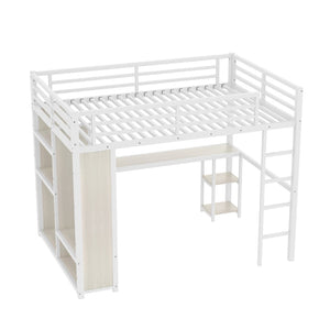 English Elm Queen Size Loft Bed Frame With Desk, Wardrobe & Storage Shelves – Stylish Space-Saving Solution! W1580S00179-GIGA