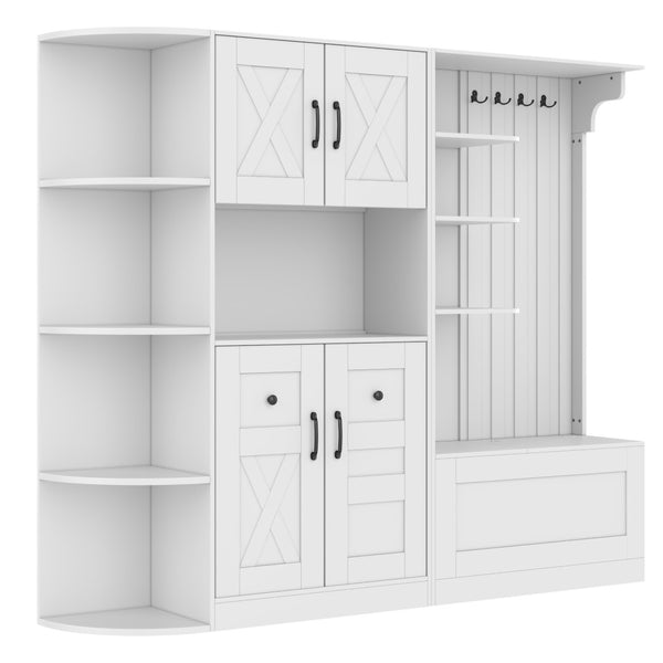 English Elm Multifunctional Modular Hall Tree Cabinet with Open Shelves and Hooks for Entryway White W1580S00519