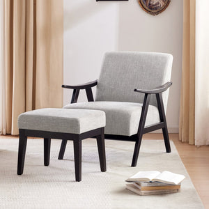 English Elm Accent Chair With Ottoman Set - Mid Century Modern Upholstered Grey Chair & Footrest For Any Room W2975P223179