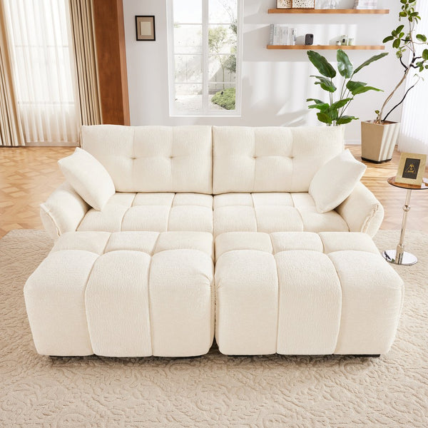 English Elm 2 Seater Sofa Set with Ottomans and Throw Pillows Plush Chenille Tufted Design Durable Wood Frame Comfort White W714S01135