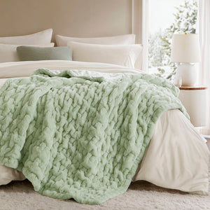 JLA Home Madison Park - Faux Ruched Faux Fur Throw with Reversible Faux Mink Backing, OEKO-TEX Certified, Machine Washable Luxury Sage Green MP50-8800